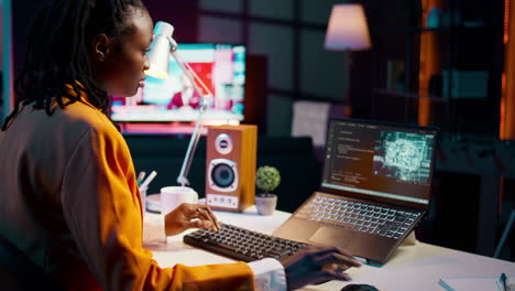 IT student works with artificial intelligence brain system on laptop