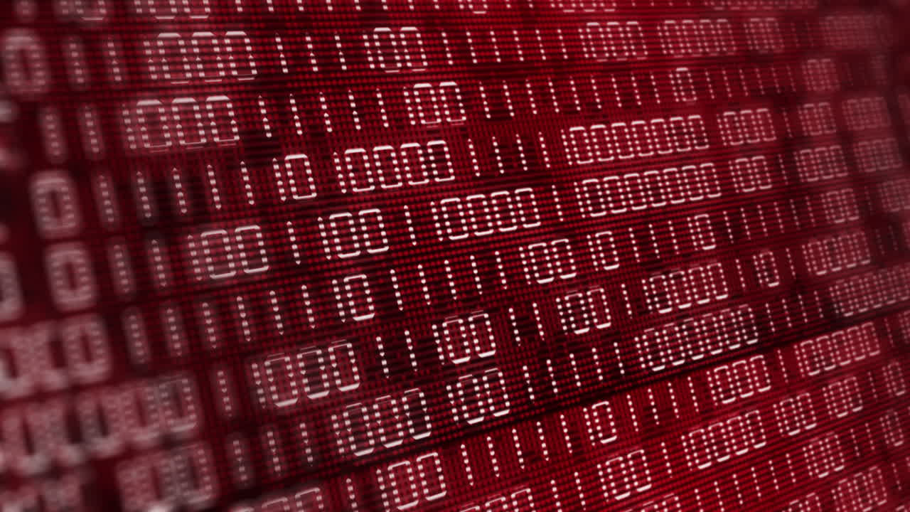 Red electronic screen with changing binary code. Computer display with flickering dots and pixels. Illumination of ones and zeros. Abstract animation with blurred background.