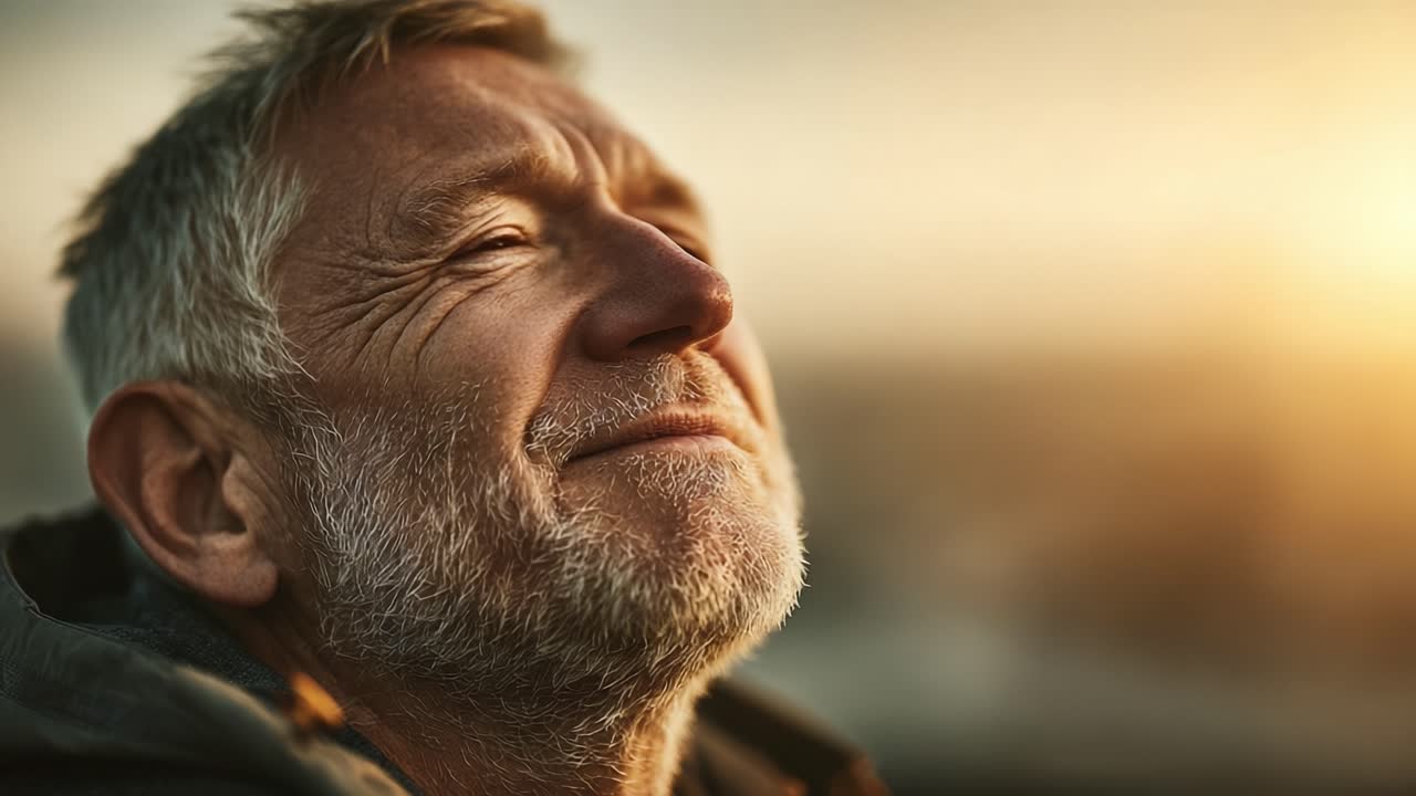 A Serene Moment of Reflection: An Elderly Man Absorbing the Warmth of the Sunset, Embracing Life's Simple Joys in a Breathtaking Outdoor Setting