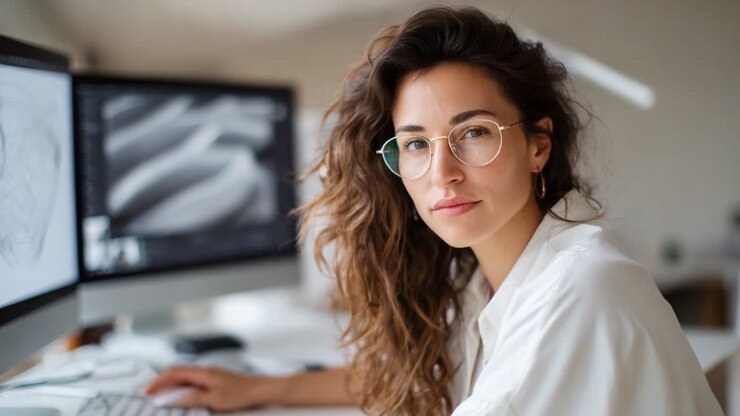 Una donna concentrata con i capelli ricci e gli occhiali è impegnata in una discussione mentre lavora al computer, mettendo in mostra il suo processo di design creativo con disegni dettagliati e grafica digitale in uno spazio di lavoro luminoso e moderno