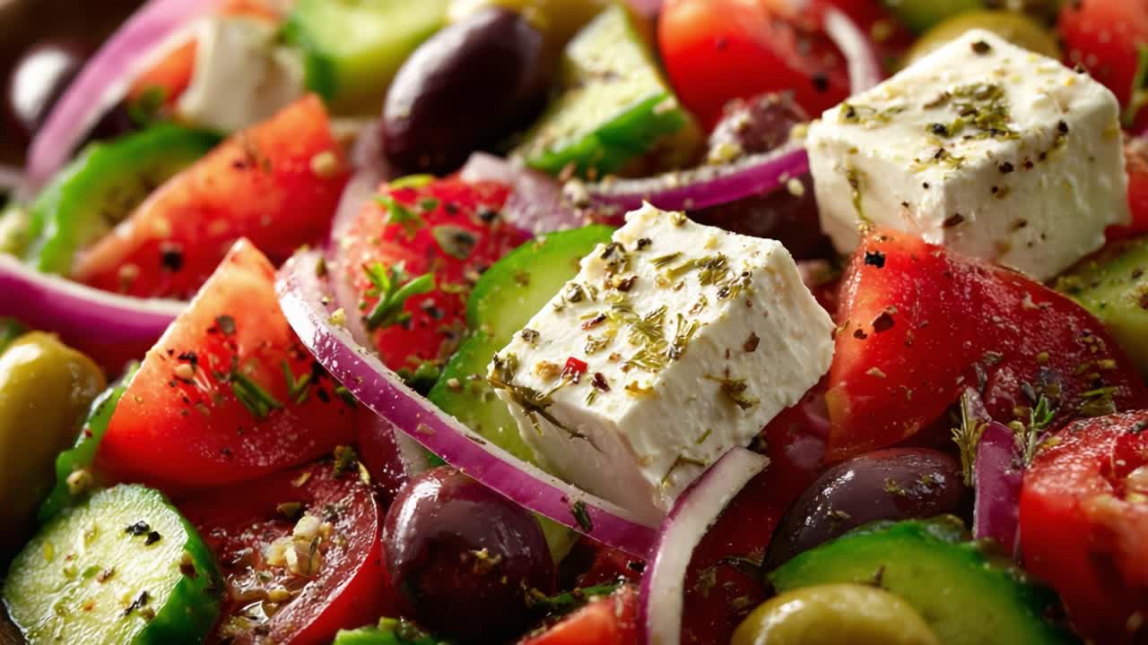 Vibrant and Fresh Greek Salad Featuring Crisp Vegetables, Creamy Feta Cheese, and a Medley of Olives: A Delicious and Nutritious Feast for the Senses