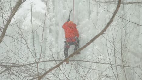 person climbing ice waterfall during snowfall, view trough branches, niagara escapment