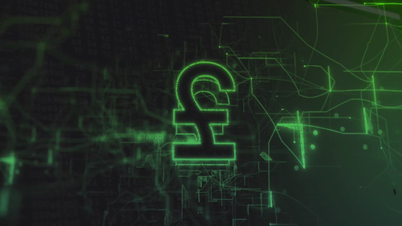 animación del símbolo de la libra británica y procesamiento de datos a través de conexiones.