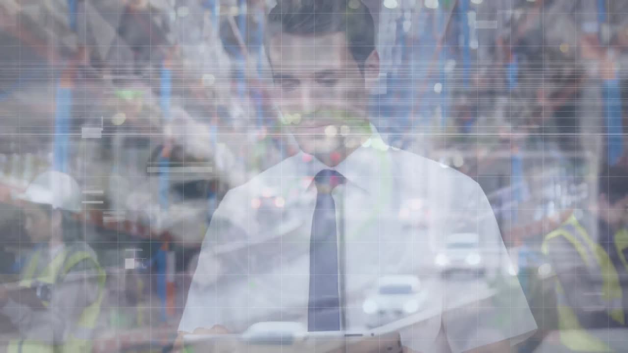 데이터 프로세싱의 애니메이션, 보케 오버 카우카시안 감독자가 창고에서 디지털 태블릿을 사용합니다.