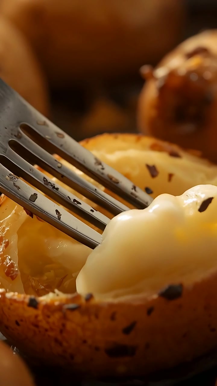 Vertical video: Pressing left fork scooping halved roast potato on tray, pulling cheesy bite to eat