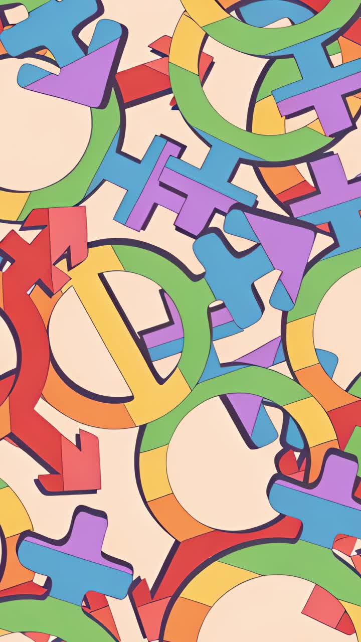 Vertical video: Rotating 3D male or female gender symbols in peach scene with rainbow hues at launch