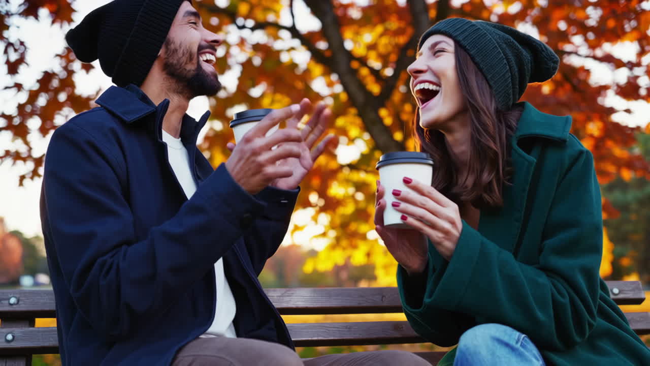 Happy Couple Enjoying Coffee and Laughter in an Autumn Park