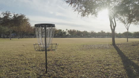 leaves fall on disc golf basket in grassy field in the late afternoon