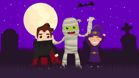 escena oscura de halloween con monstruos en grupo en el cementerio