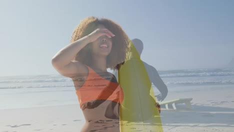 woman shading eyes on beach, with animated wave chart and sun icon displaying business data
