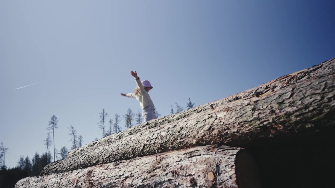 A little girl walks confidently on a pile of logs