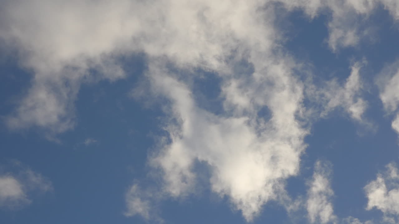 A rotating blue sky with white clouds. POV SHOT