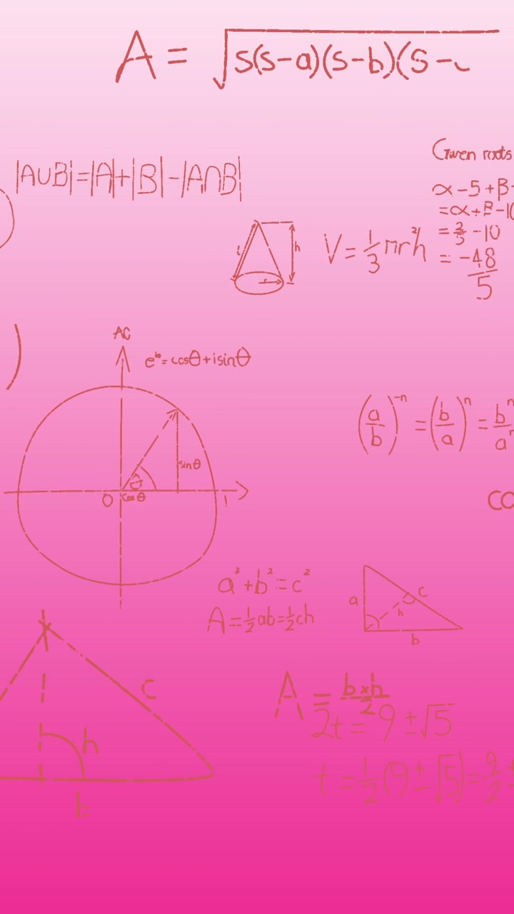 Animazione di equazioni matematiche su sfondo rosa.