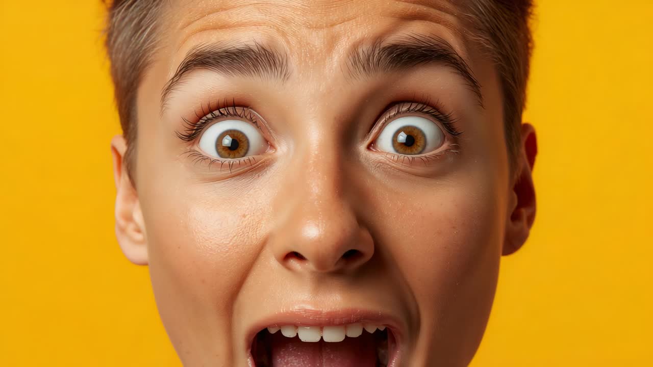 Showing person's face shifting from wide open mouth to furrowed brow in studio yellow backdrop