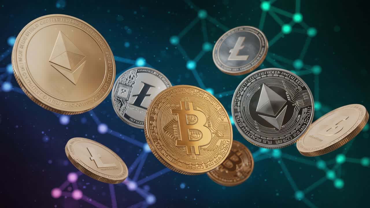 A Dynamic Display of Various Cryptocurrency Coins Floating Over a Colorful Network Background, Highlighting the Evolution of Digital Currency and Blockchain Technology