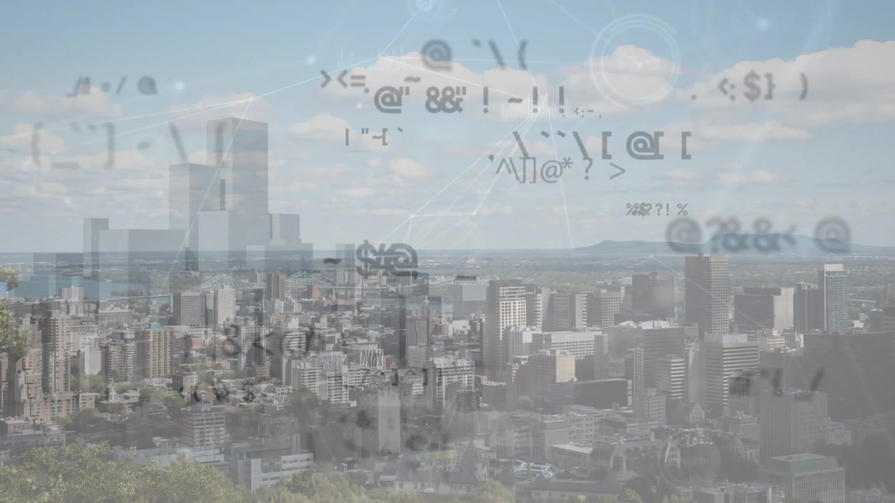 Digitaalinen data-overlay Montrealin kaupunkikuvan yllä