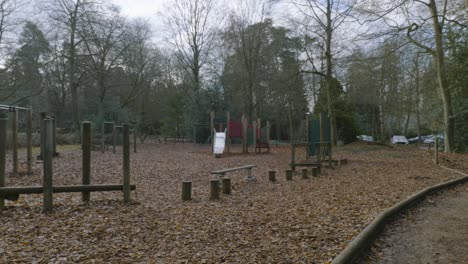 Panning-across-peaceful-Norfolk-heritage-park-climbing-equipment-with-fallen-autumn-woodland-leaves