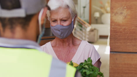 delivery man delivering groceries to senior caucasian woman wearing face masks at home