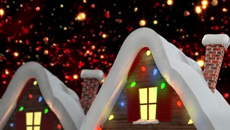 animation of winter scenery with decorated houses and red light spots on black background