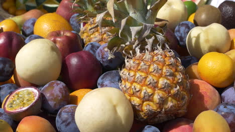 frutas en la mesa: piña, manzanas, ciruelas, manzanas, naranjas, peras, kiwis