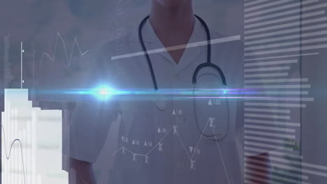 woman examining medical data in clinical office, showing holographic line charts, bar graphs