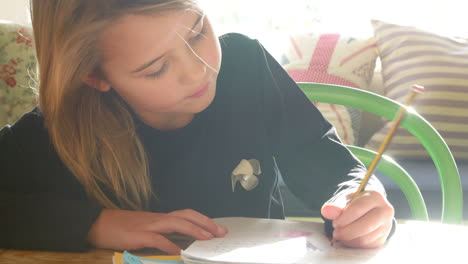 girl sitting at table indoors doing homework