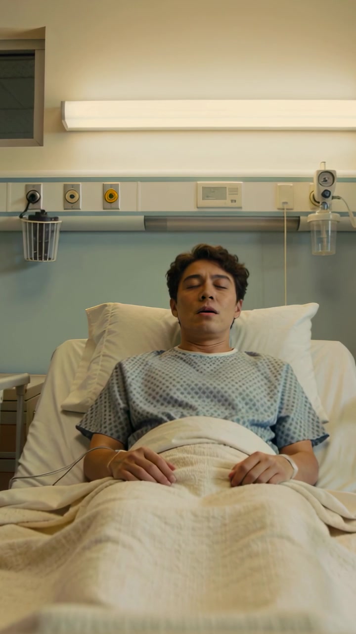 Video verticale: Uomo che respira aprendo la bocca e muovendo la testa in un letto d'ospedale, con camice e fili medici.