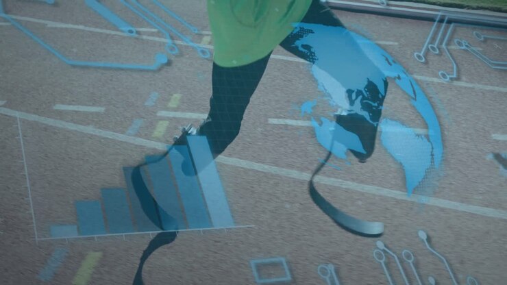 Animation of data processing over disabled african american male runner