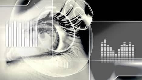 animation of scope, statistics, network of data processing over woman's eye