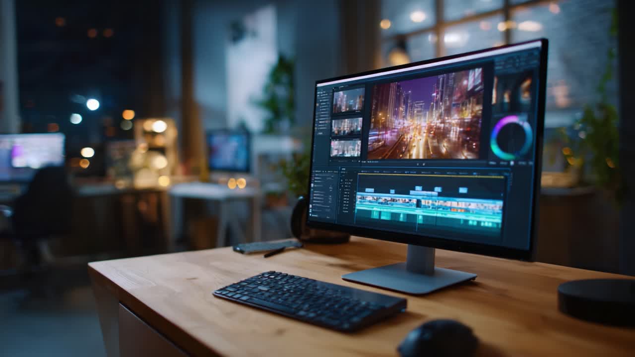 Area di lavoro per l'editing: configurazione di un computer desktop con software avanzato di editor di video in un ambiente domestico accogliente, con illuminazione soffusa e atmosfera creativa