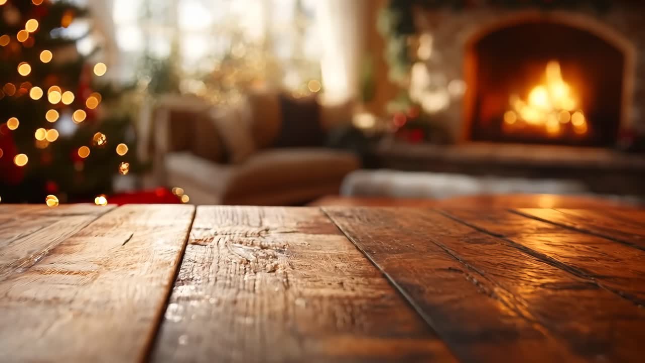 A wooden table with a fireplace in the background. The table is empty and the fireplace is lit. Scene is cozy and warm