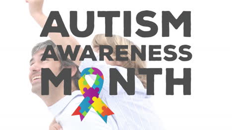 Animation of Autism Awareness Month symbol with father carrying piggyback his son