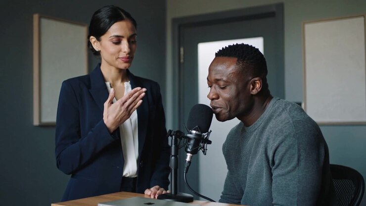 Cueing host navy-blazer, seated man grey-sweater speaking into mic for show in studio with laptop