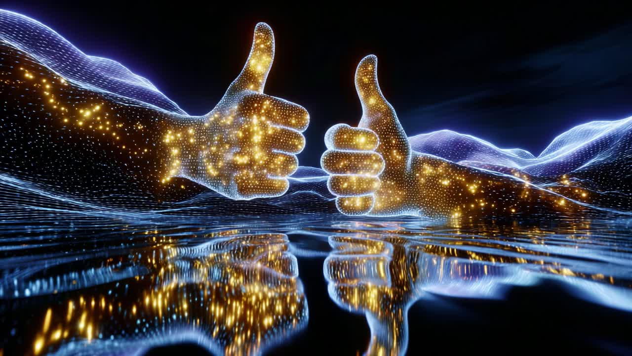 Illuminated Digital Hands Giving Thumbs Up Reflecting in a Shimmering Surface and Surrounded by a Starry Glow, Symbolizing Positivity, Connection, and the Fusion of Technology and Emotion in a 3D Space