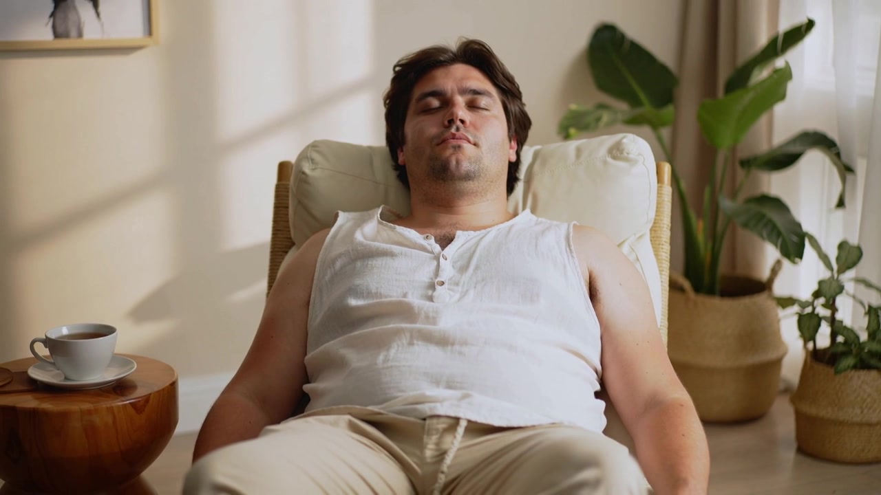 La luce del sole illumina un uomo sdraiato con una maglietta henley bianca che aggiusta la postura in soggiorno, con una tazza.