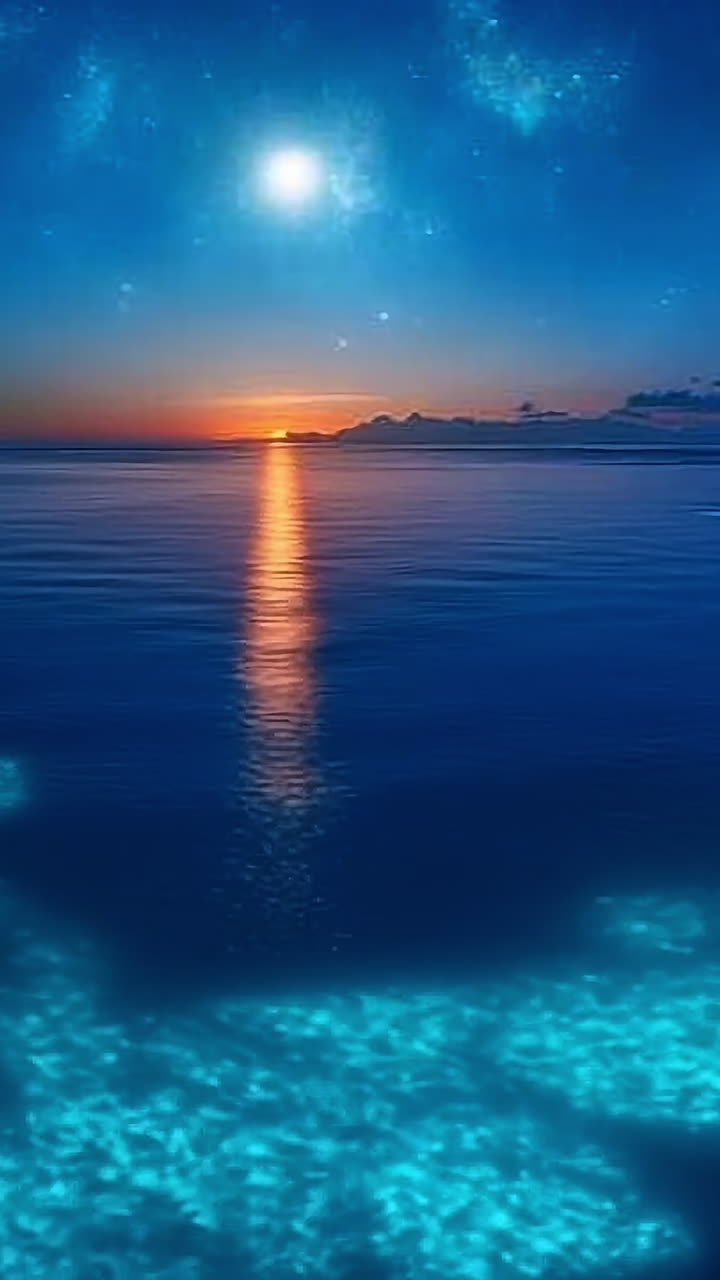 Twilight over a calm ocean. Twilight casts a magical glow over the calm ocean, reflecting stars and moonlight on the serene waters.