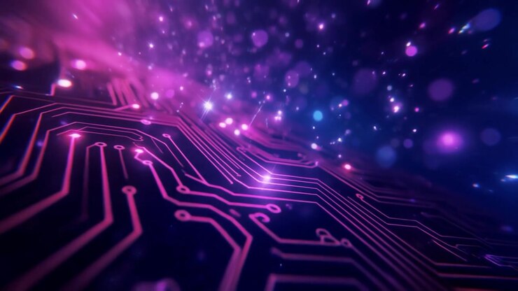 Circuito stampato digitale astratto con particelle luminose e flusso di dati