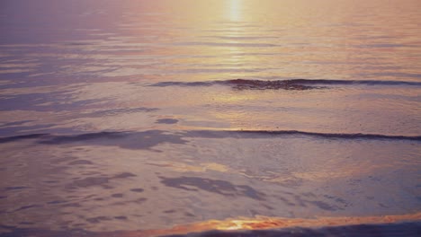 Waves-slowly-washing-ashore-in-beautiful-purple-orange-sunset-light