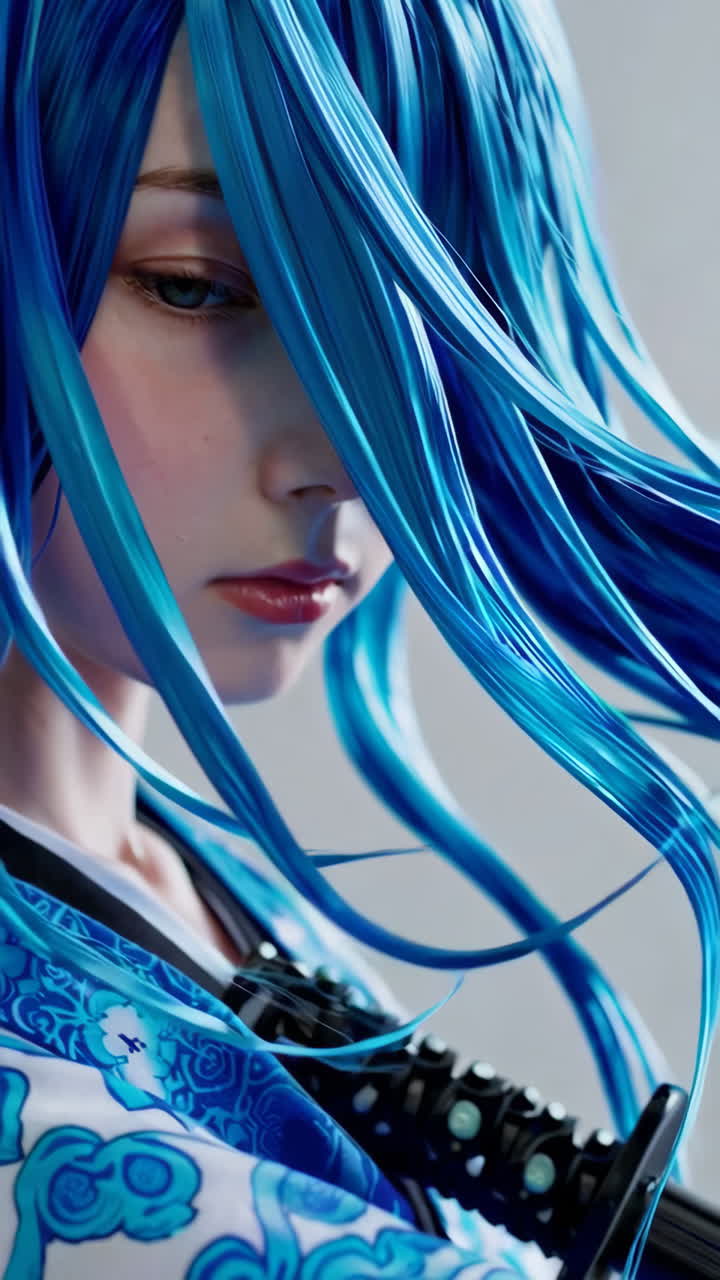 Anime Girl with Blue Hair and Kimono