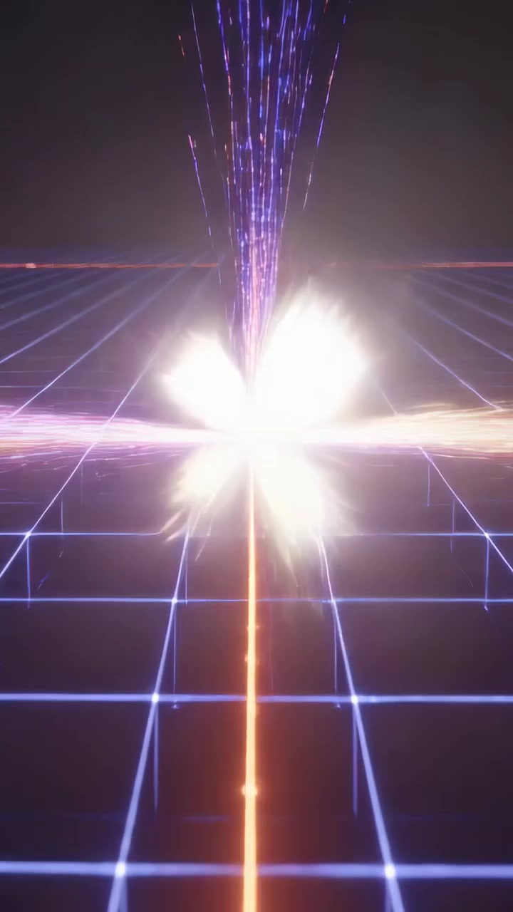 Vertical video: Charging orange line releasing golden sparks and purple plume on neon grid plane