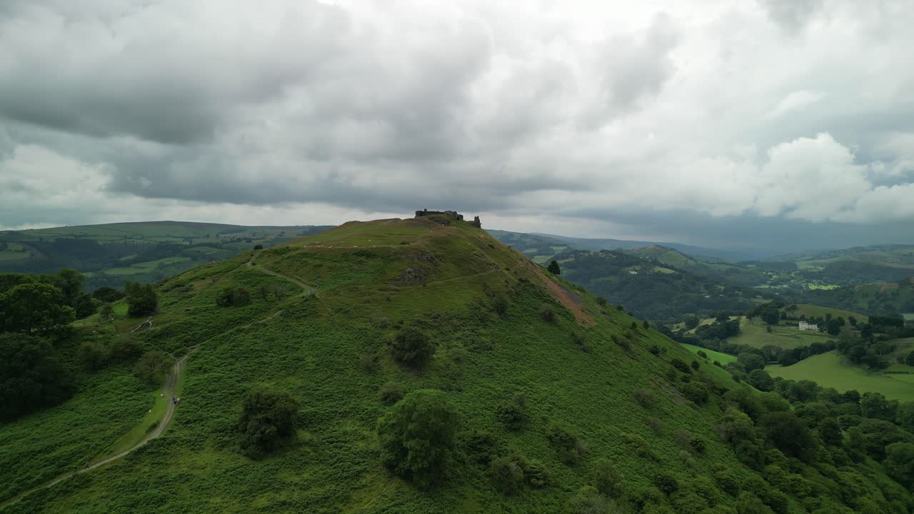 Aerial View of a Castle Ruin on a Hilltop in Wales