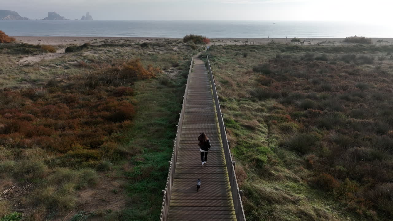 Woman walking with miniature Dachshund on boardwalk towards beach at sunrise with Medes island on horizon