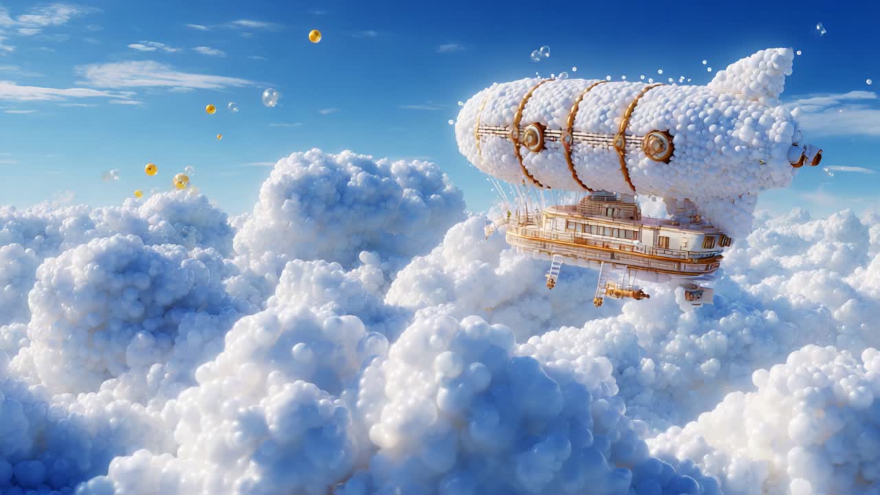 A whimsical zeppelin gracefully traverses a sky filled with fluffy clouds, creating a dreamy and imaginative atmosphere. The vibrant colors and soft textures enhance its charm