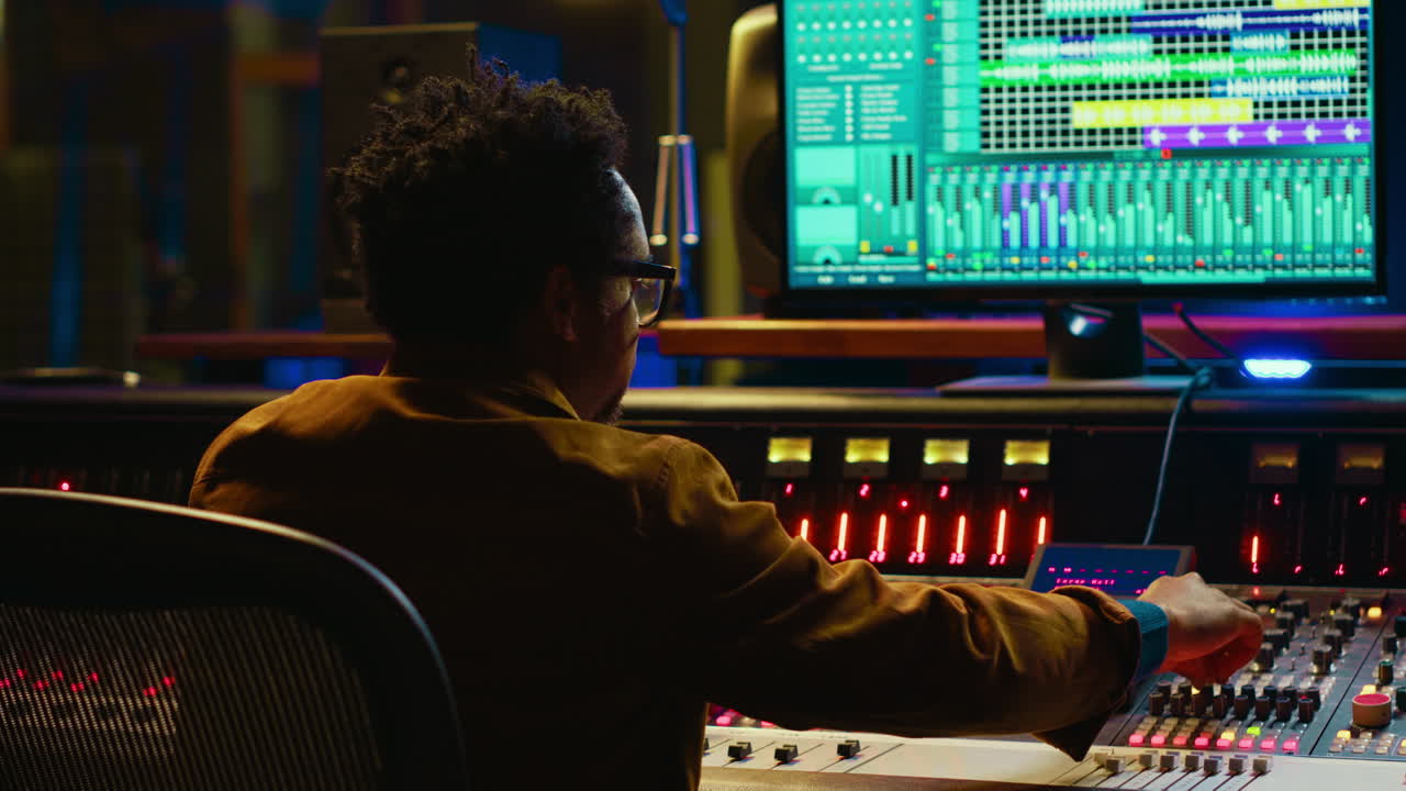 Sound designer uses mixing console and managing audio tracks