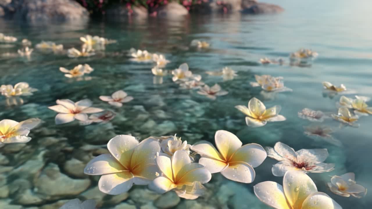 A Serene Water Surface Adorned with Ethereal Flowers: Capturing the Tranquility and Beauty of Nature's Flora in a Peaceful Aquatic Setting