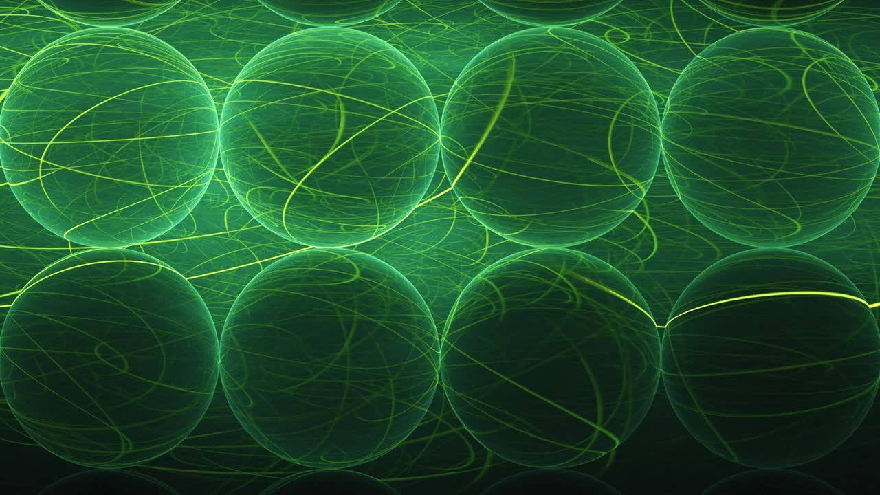 Fondi di bottiglie di vetro verdi astratti e rifrangenti con linee e motivi vorticosi - loop continuo