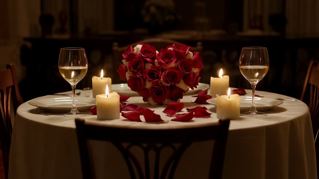 Approaching camera capturing rose bouquet at dining table for dinner with petals, glasses, candles