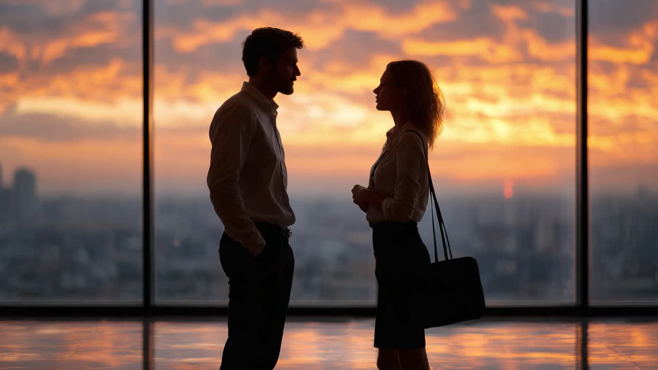 A Serene Moment: A Silhouette of Two Individuals Engaged in Conversation Against a Stunning Sunset Backdrop Illuminated by Golden Clouds and Soft Twilight