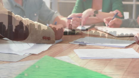 animation of colleagues working together over cityscape