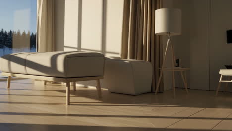 modern minimalist living room with forest view